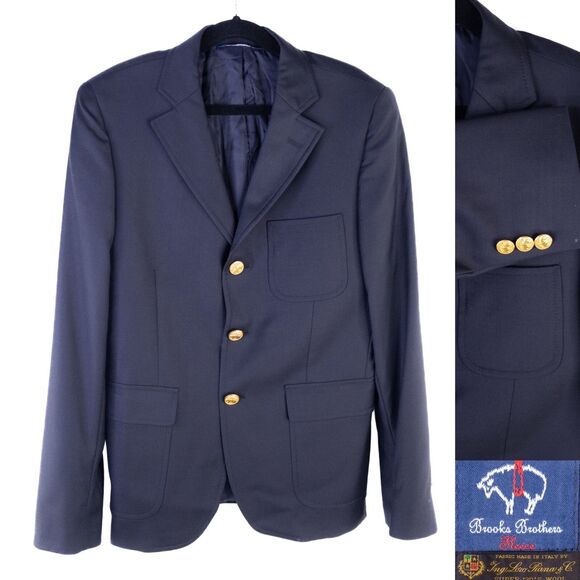 Brooks Brothers Fleece Loro Piana Super 120's Wool Navy Blue Gold Button Sz 14